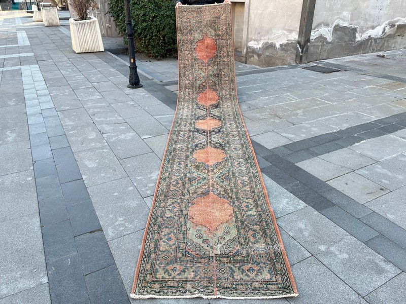 Vintage Turkish Oushak Runner Rug 2.4x13.6 Ft Hand-Knotted Muted Orange Gold gallery