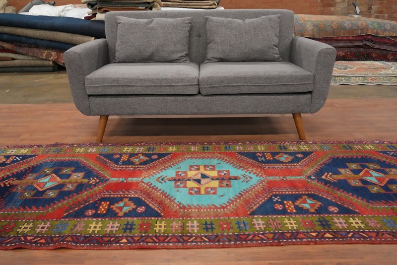 Vintage Geometric Rust Wool Hand-knotted 10 ft Runner Rug Tribal Carpet 4x10 gallery