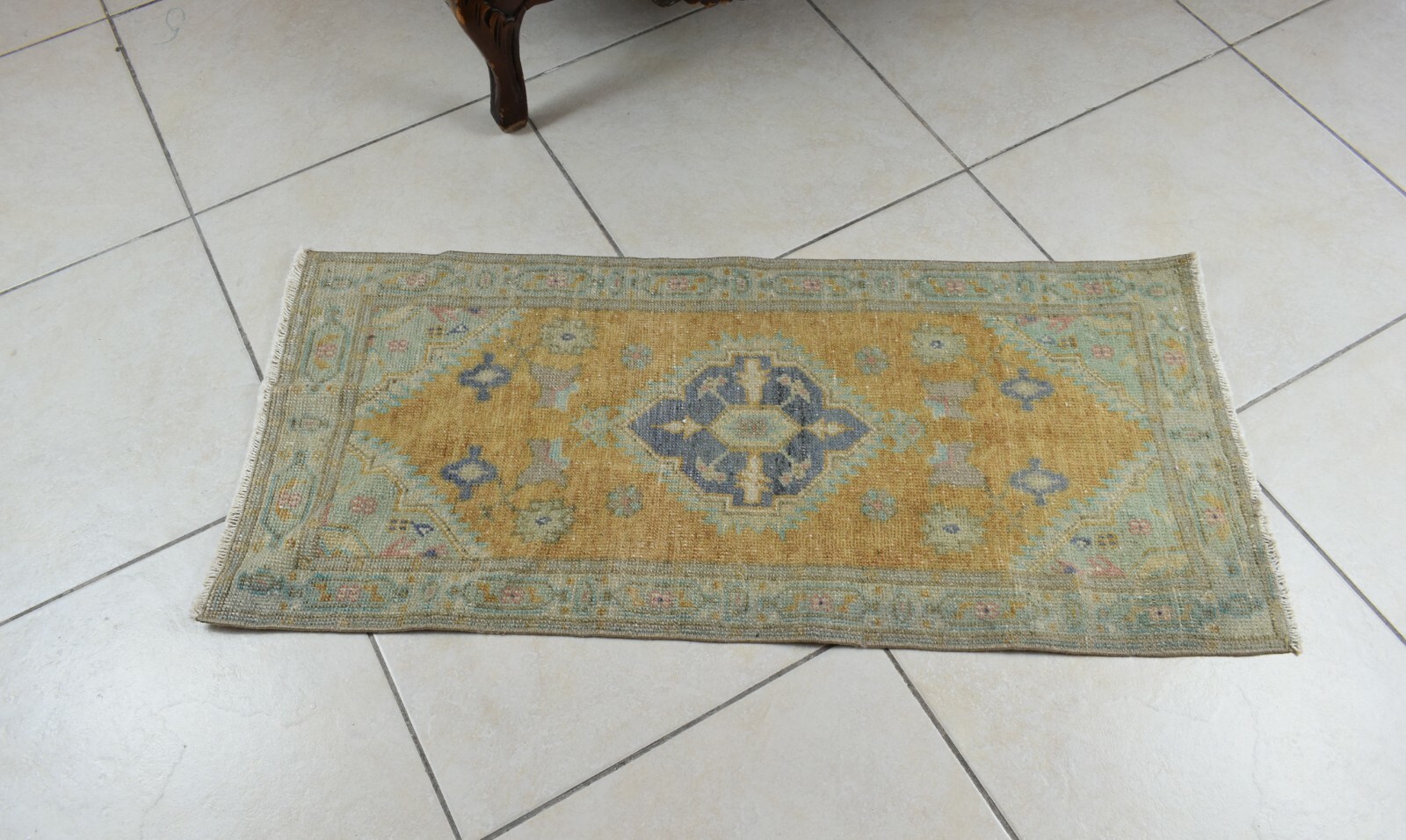 Turkish Runner 3.4x1.5 ft Vintage Small Rug Oushak Runner Anatolian Mini Rug Y73 gallery