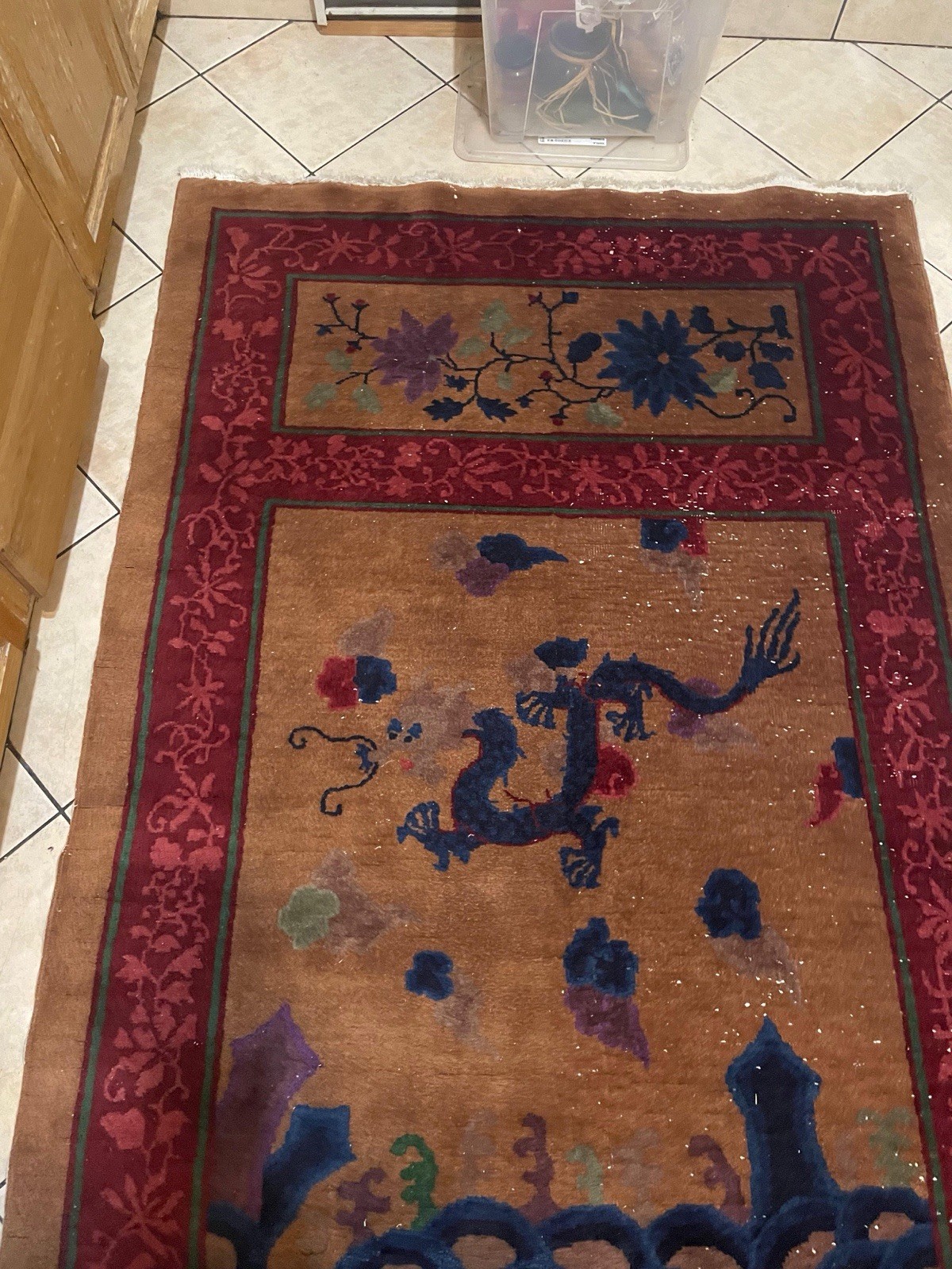 Antique 1920s Chinese Art Deco Rug 4x6 | Dragon Wave Pictorial Camel Gold Red gallery