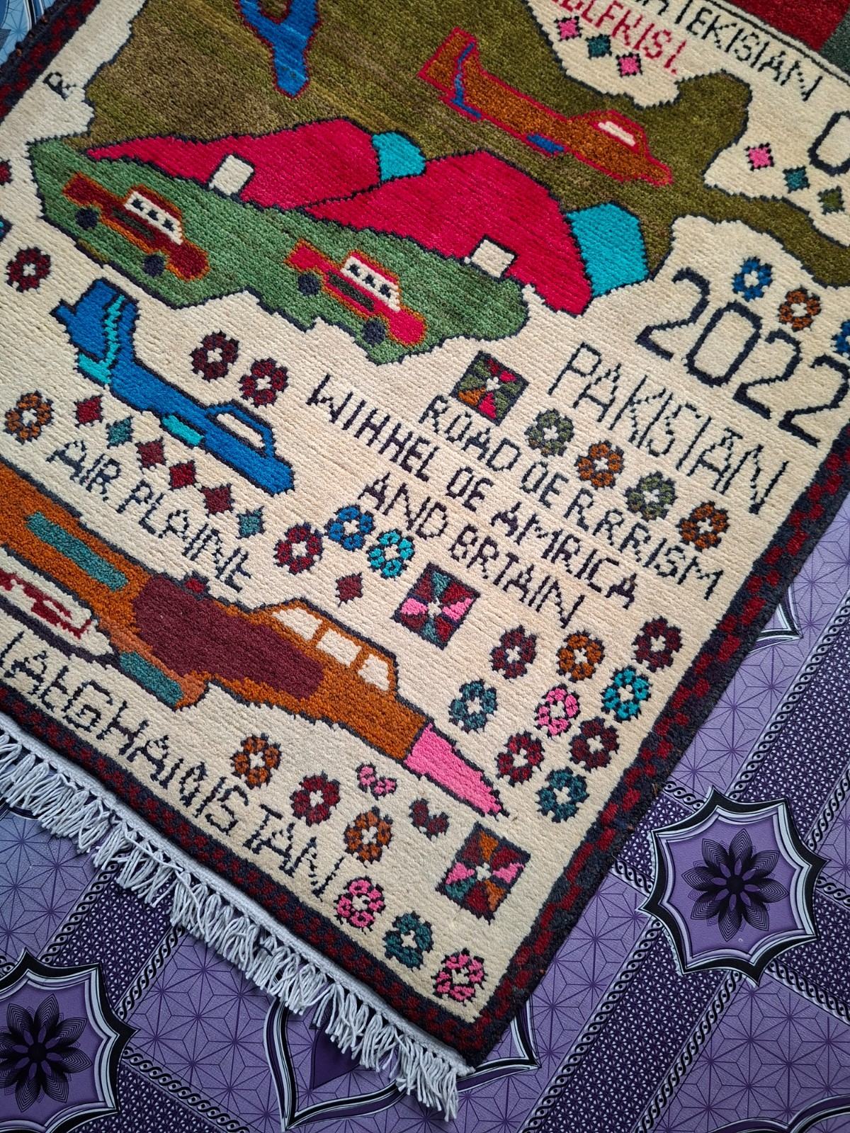 M122 Vintage Afghan War Rug 9/11 Handmade Wool Pictorial Tribal Rug 83 ×63 Cm gallery