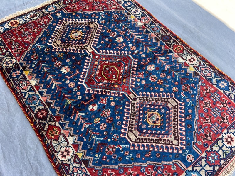 3'5 x 4'10 Antique Turkish Hand Knotted Tribal Geometric Blue Red Wool Floor Rug gallery