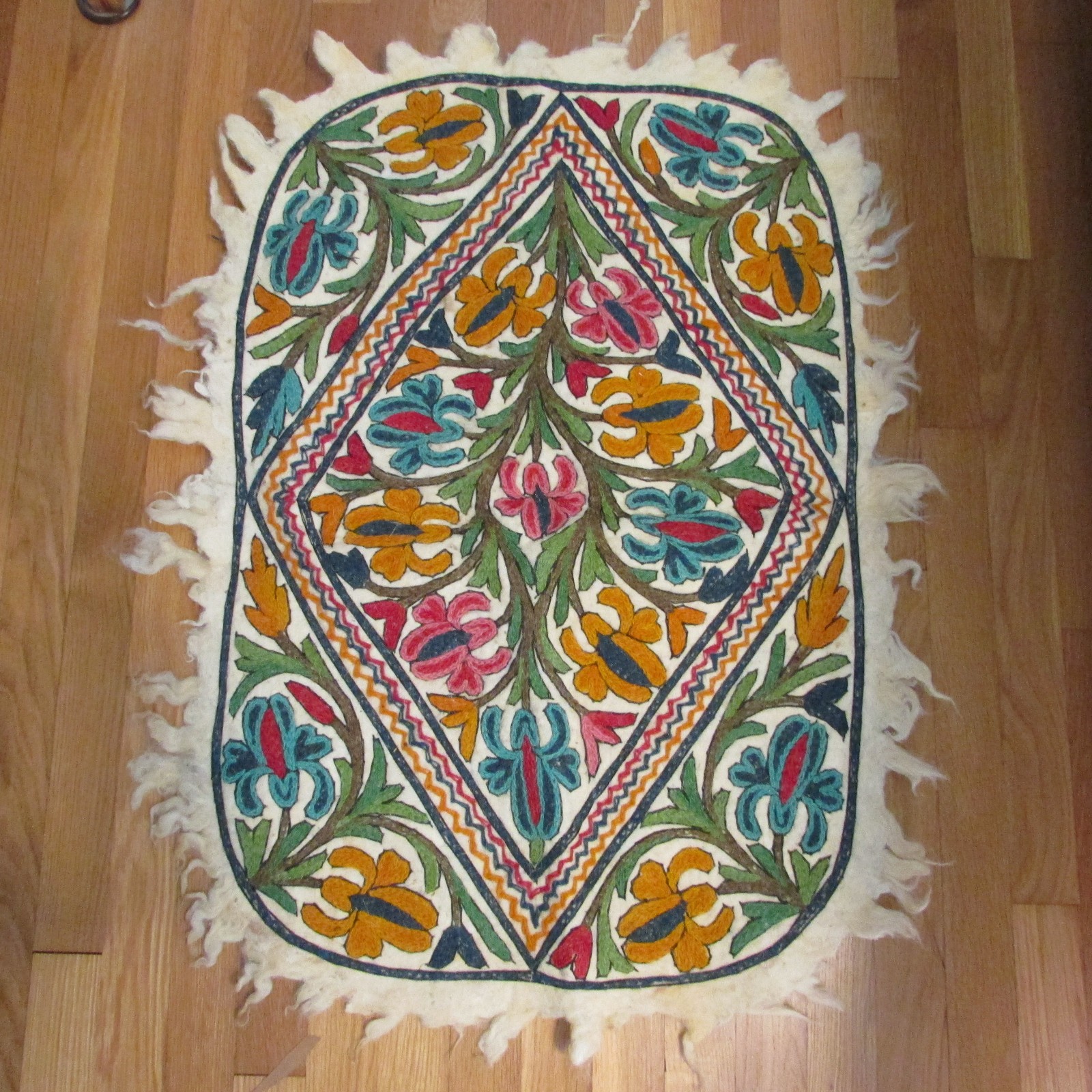 Vintage Kashmiri felt embroidered Namda rug, multi floral rectangle 34"x23" New gallery