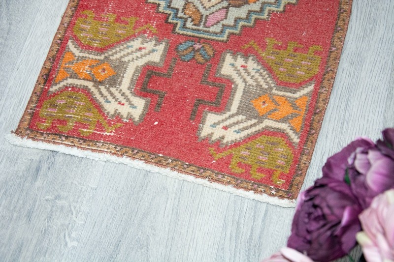 Vintage Turkish Oushak Rug 19x36 Inches, Red Colorful Geometrical Modern Rug gallery
