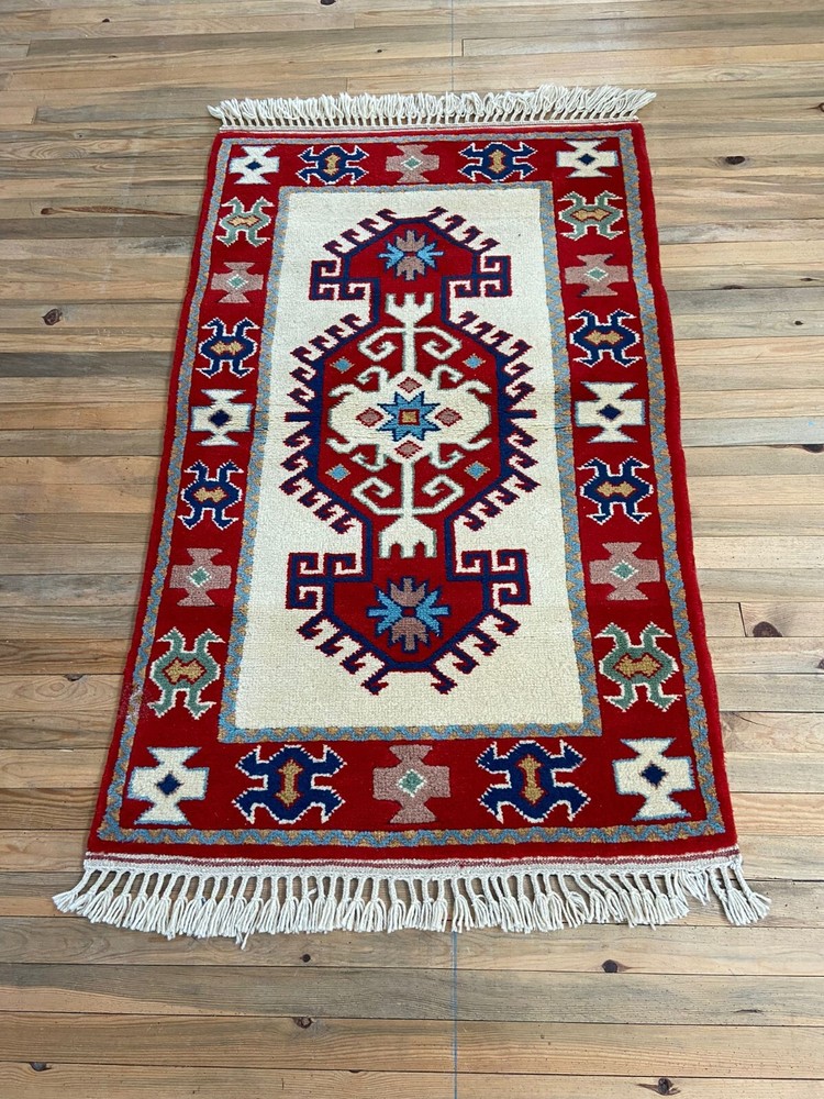 Vintage Red Rug, 3.1x4.9 ft Red Small Rug, 3x5 White Rug, Turkish Area Rug