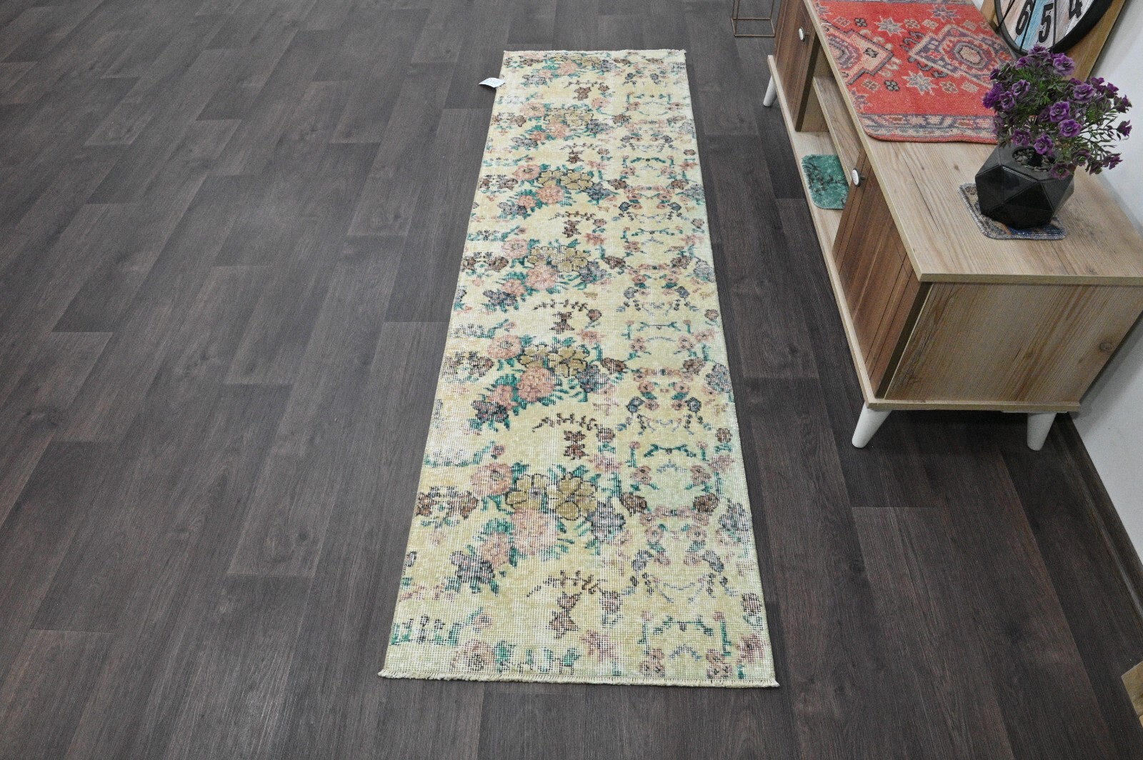 Vintage Turkish Runner Rug 2x7ft YELLOW Handmade Anatolian Oushak Hallway Wool gallery