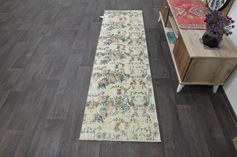 Vintage Turkish Runner Rug 2x7ft YELLOW Handmade Anatolian Oushak Hallway Wool