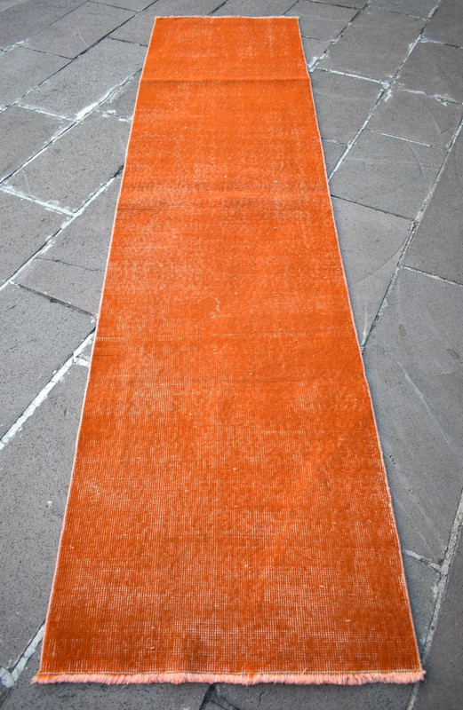 Vintage Turkish Rug 26'' x 102'' Hand-knotted Over Dyed Runner Wool Orange Rug gallery