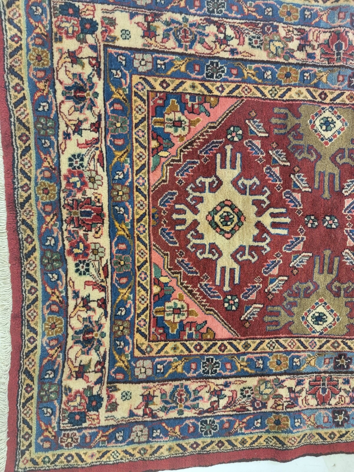 Antique Oriental Hand-Knotted Wool Runner Red/Ivory/Blue/Green 4'5" x 12'8" gallery