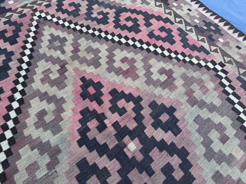 Vintage Afghan Kilim Rug, 7x10 Turkish Faded Geometric Tribal Bedroom Area Rug gallery