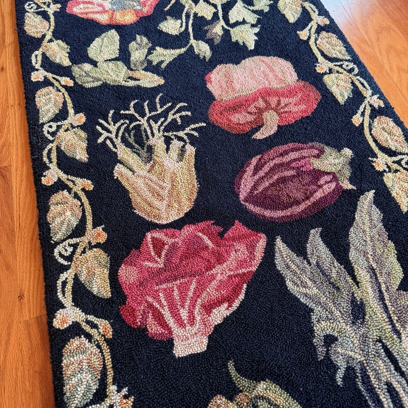 Antique 1910 Primitive Hooked Rug Vegetables Garden Farmhouse Rug Runner 26x92 gallery