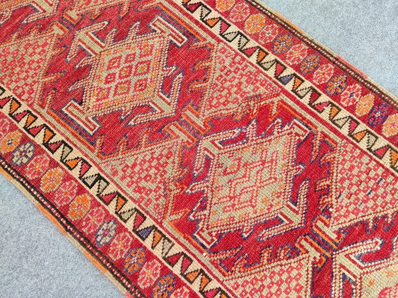 Red Antique rug 3x13, Vibrant Turkish runner 3x13 vintage rug, Herki Tribal rug gallery