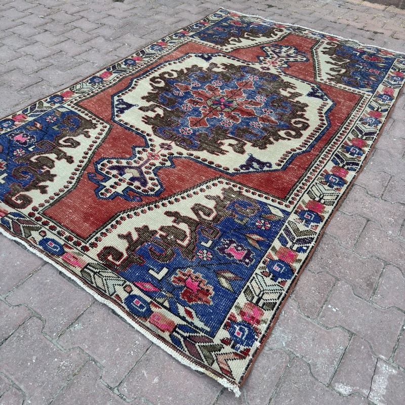 4x7 Terracotta Blue Wool Vintage Turkish Geometric Floral Handmade - Tariff Free gallery