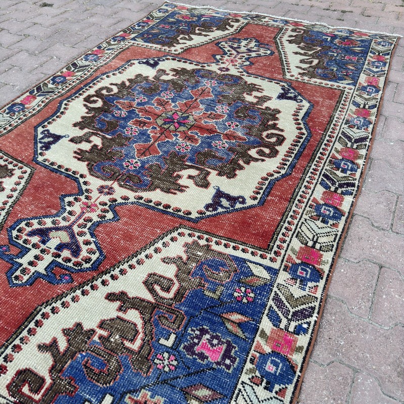 4x7 Terracotta Blue Wool Vintage Turkish Geometric Floral Handmade - Tariff Free gallery