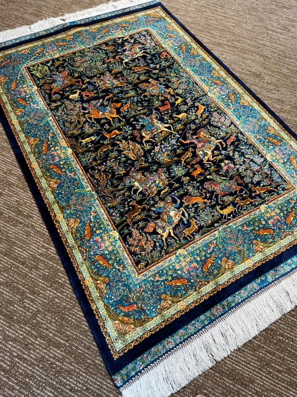 Silk Rug 3 x 5 Feet Hunting Design Shikargah Art Pattern Soft Lustrous Carpet gallery