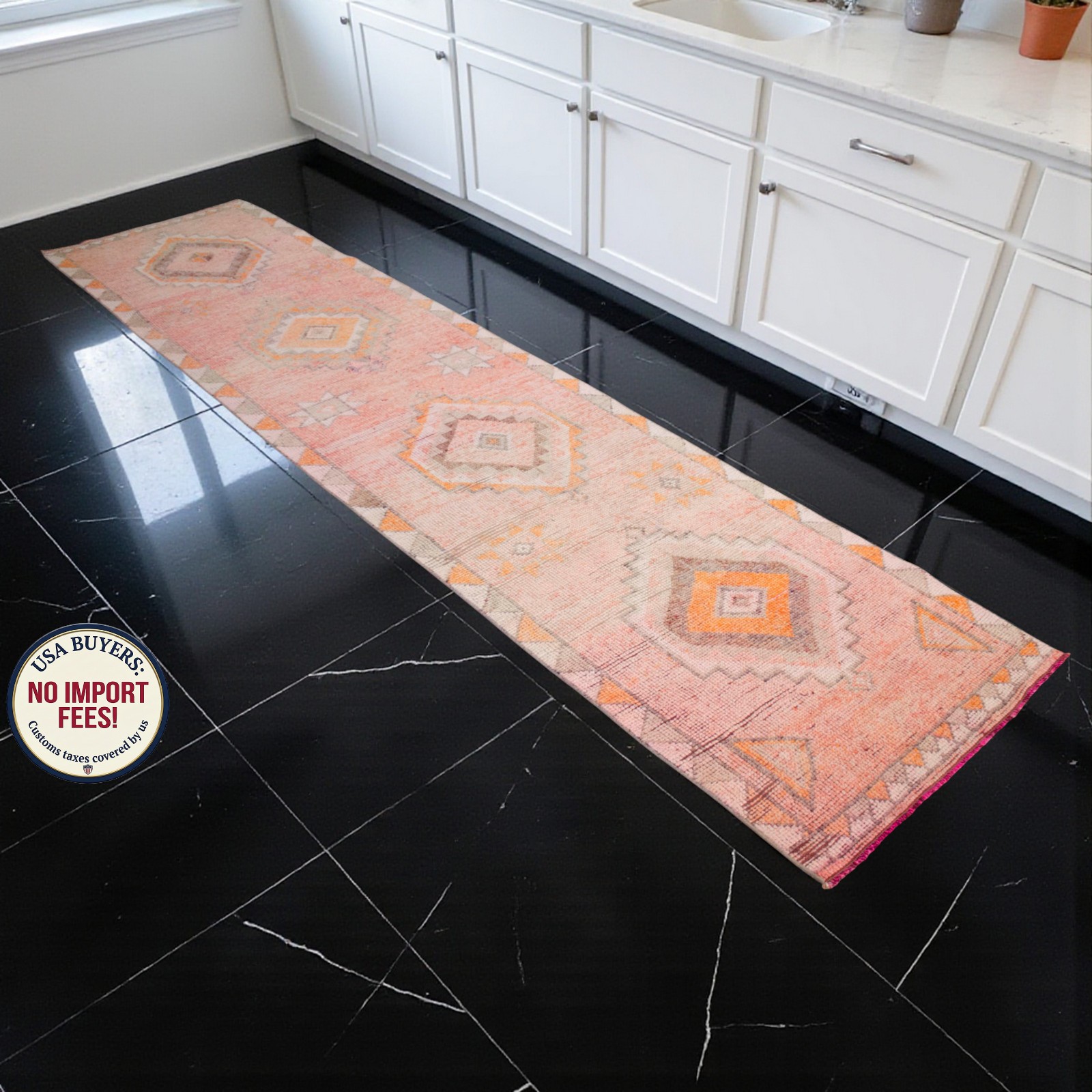Turkish Runner Rug HandMade Wool Long Hallway Rug PINK Kitchen Decor 3x12.3 ft gallery