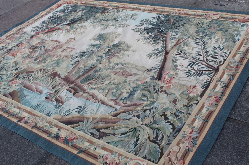 Vintage Hand Made French Design Original Wool Green Aubusson Tapestry 156x208cm gallery
