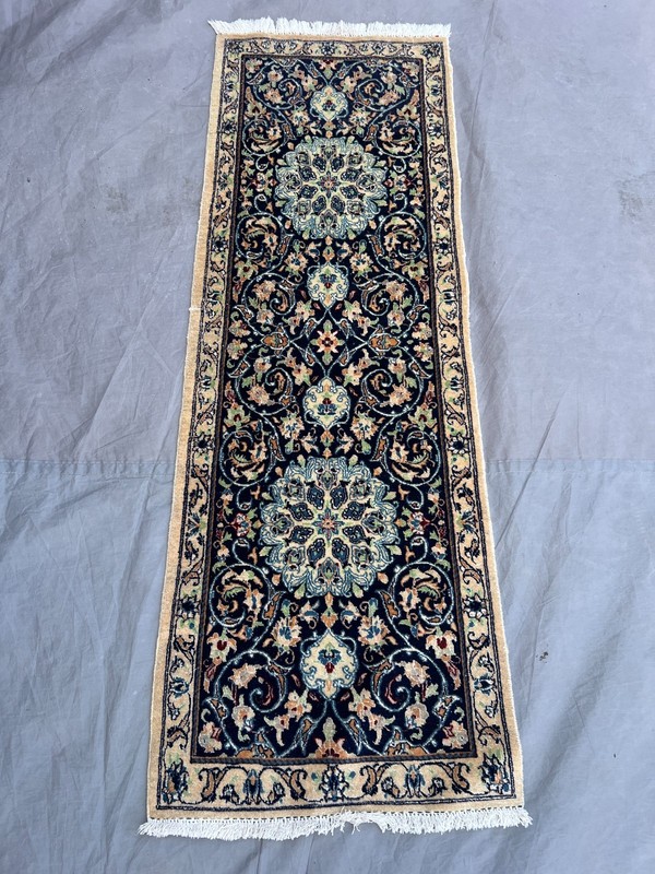 1'7" x 4'7 Vintage Turkish Runner Rug Floral Medallion Navy Beige Hallway Carpet gallery