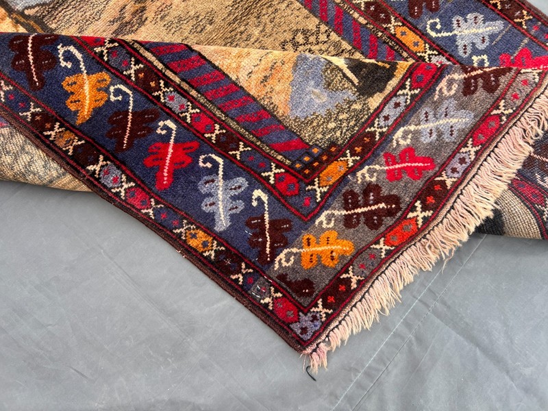 Blue Afghan Minaret Rug 3x4 Pictorial Hand Knotted Baluchi Tribal Wool Vintage gallery