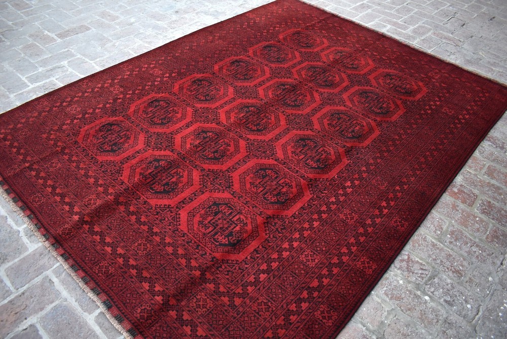 7x9 ft Afghan Antique Turkmen Ersari Area Rug Red Oriental Hand Knotted Wool Rug