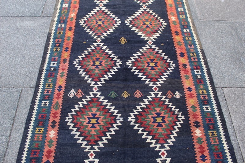 Vintage Traditional Hand Made Oriental Wool Black Long kilim Runner 433x110cm gallery
