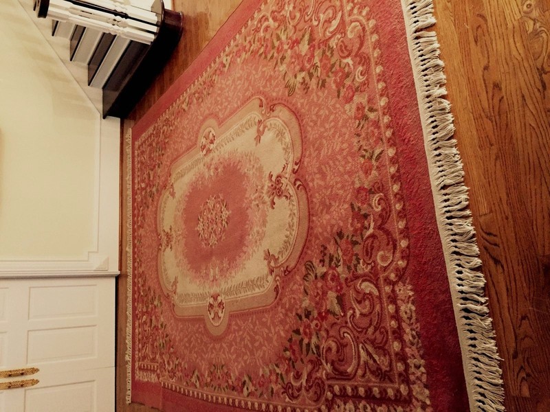 Vintage Large PINK Floral WOOL Rug~French Scrolls Detailed Borders with Fringe gallery