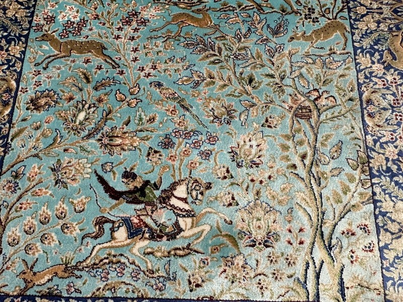 Persian Style Silk Rug Hunting Scene Design 88x60 cm Luxurious Decorative Accent gallery