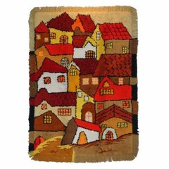 STUNNING LARGE SHAG PILE RUG DEPICTING HOUSES IN THE STYLE OF L.S LOWRY