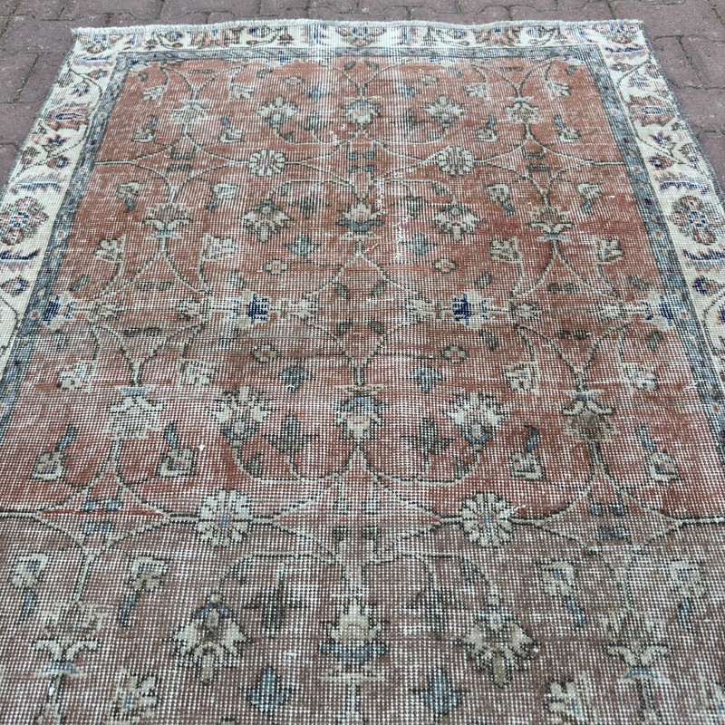 4x6 Faded Terracotta Ivory Wool Vintage Turkish Floral Handmade Rug-Tariff Free gallery