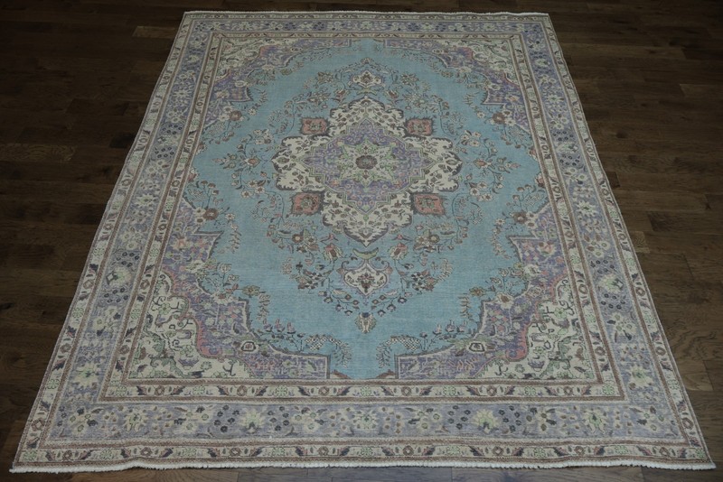 Light Blue Medallion Area Rug 10x12 Ft Hand-Knotted Over-Dyed Wool Carpet gallery