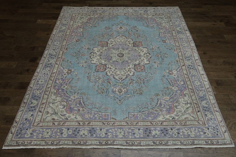 Light Blue Medallion Area Rug 10x12 Ft Hand-Knotted Over-Dyed Wool Carpet gallery