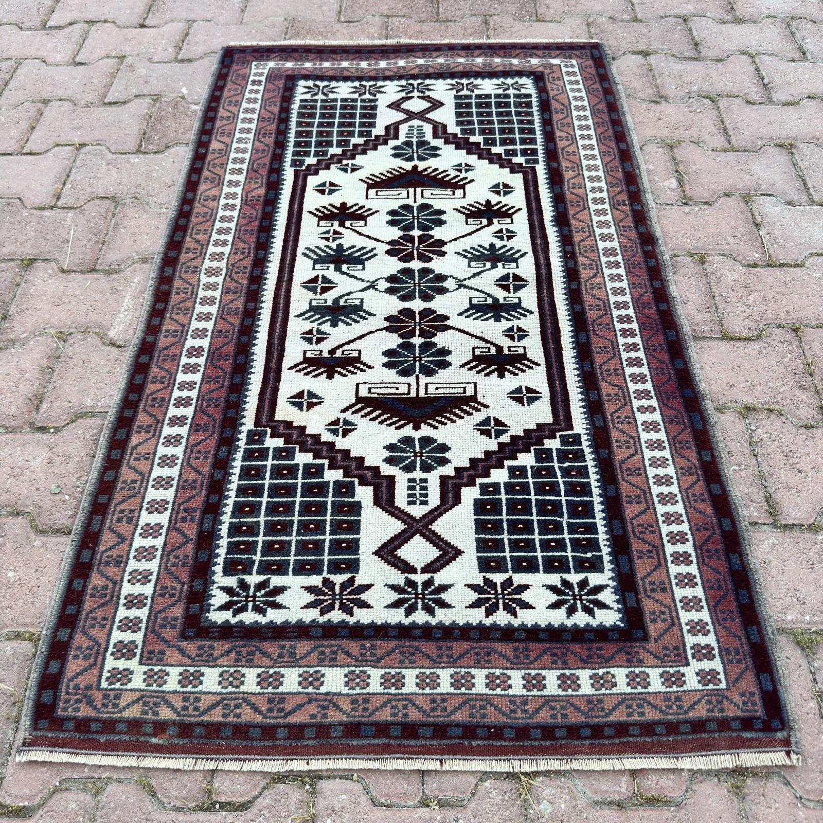 Burgundy Ivory 2x4 ft Vintage Turkish Wool Small Oriental Rug - Tariff Free gallery