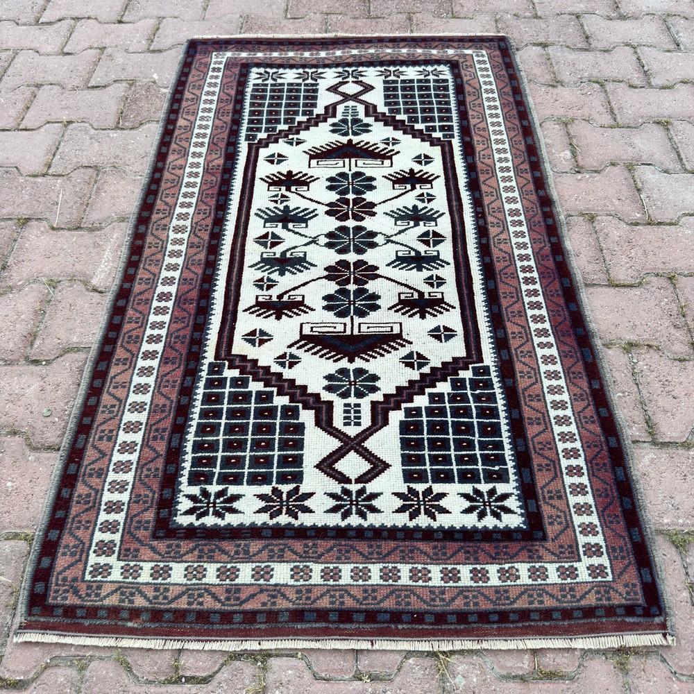 Burgundy Ivory 2x4 ft Vintage Turkish Wool Small Oriental Rug - Tariff Free