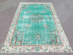 Distressed Turkish Carpet, Large Area Rug, Handmade Mint Green Carpet 83″x126″