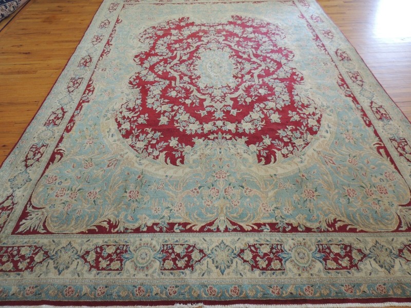 9x12 Antique Kermaan wool Oriental Rug Ivory Blue Red Medallion WOW! gallery