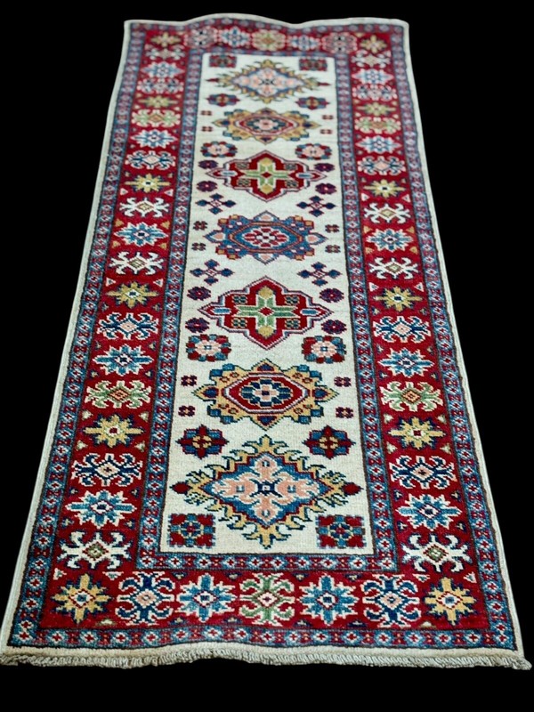 Brand New Colorful Tiny Runner Handmade Ivory Blue Red Geometric Wool Kazak 2x6 gallery