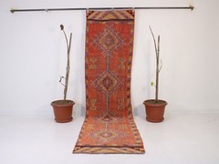 Vintage Hand Knotted Long Runner Rug Orange Teal Distressed Floral 2.6×9.7 ft