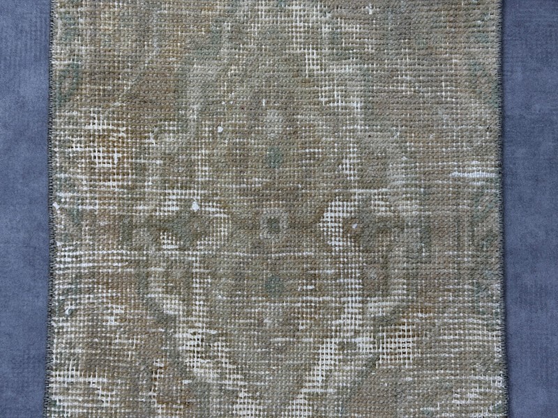 1x3 Hand-Knotted Wool Turkish Door mat, Beige Green Pink Vintage Small Rug gallery