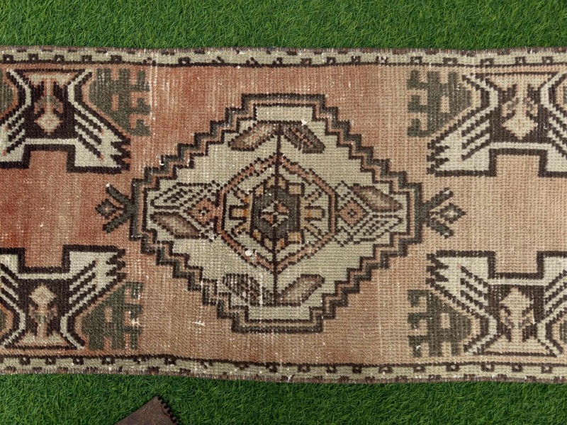Hand-Woven Small Turkish Carpet 1x3 Pale Orange Wool Geometric Tiny Rug Muted gallery