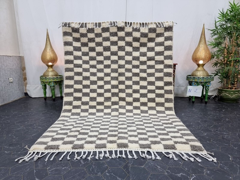 Moroccan Handmade Beni Ourain Rug 4'8''x6'8'' Berber Checkered Gray Wool Carpet gallery
