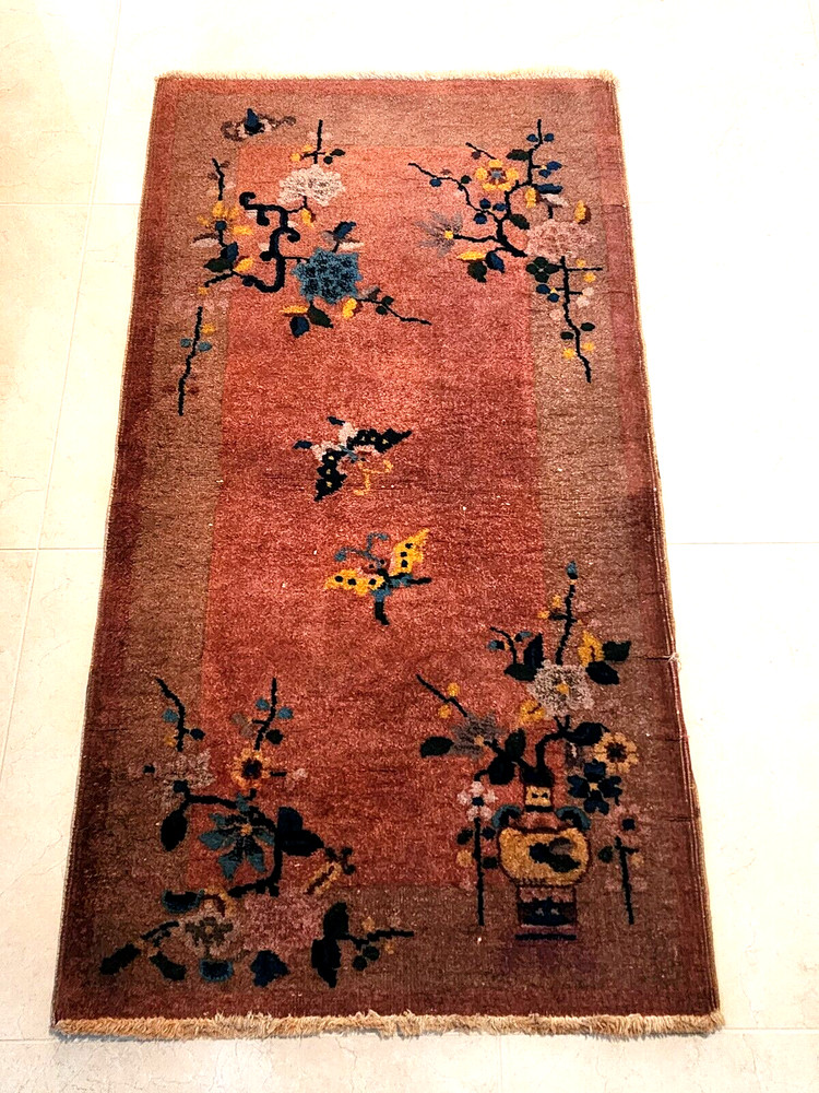 4x2 FT Old Handmade Chinese Small Wool Rug