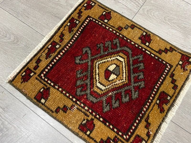 Small Handwoven Red Gold Rug 1.2x1.3 ft Oushak Square Wool Carpet gallery