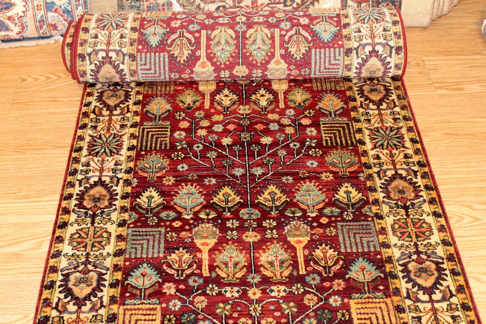 17 Ft. long TOP QUALITY handmade hall runner HIGH KNOTS Red Maroon background gallery