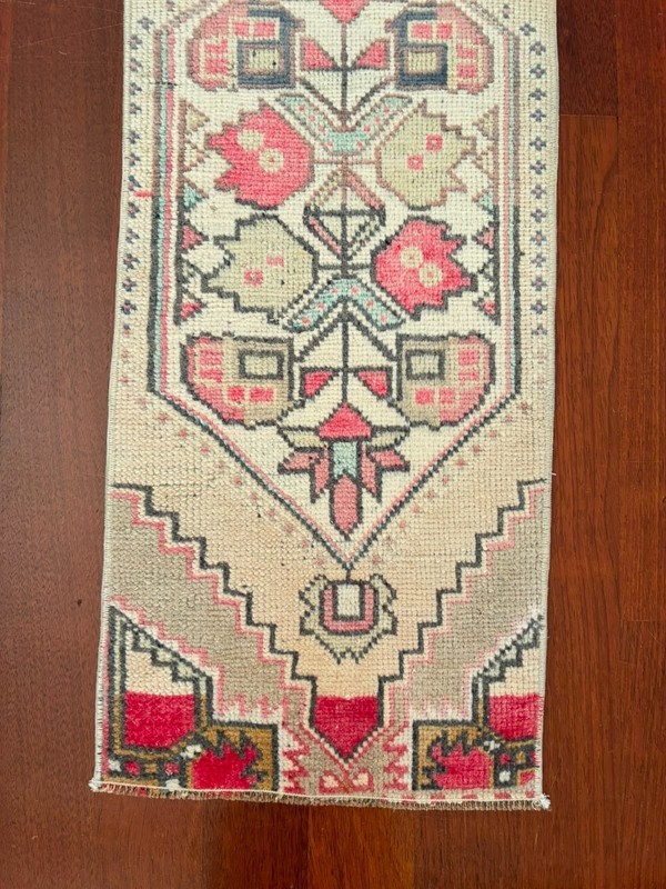 Vintage Turkish Runner 1x3 Small Area Pink Cream Navy Blue Wool Oushak Mat gallery