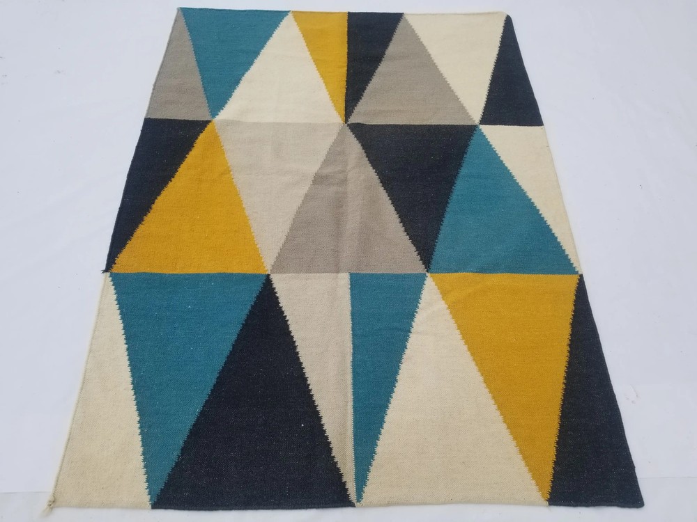 Vintage Handmade Traditional Geometric Black Beige Kilim Rug Carpet 6.4x4.6ft