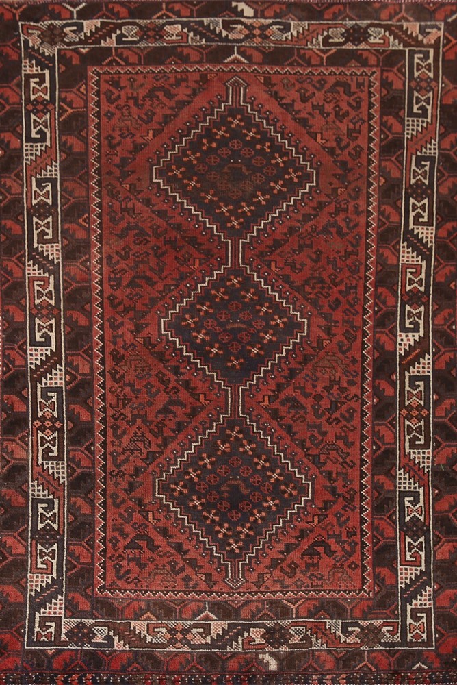 Vintage Rug 4x7 ft.Oriental Qashqai Hand-Knotted Wool Low Pile Living Room Rug