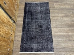 2×5 Vintage Black Turkish Runner, Hand-Knotted Wool Small Hallway Entryway Rug