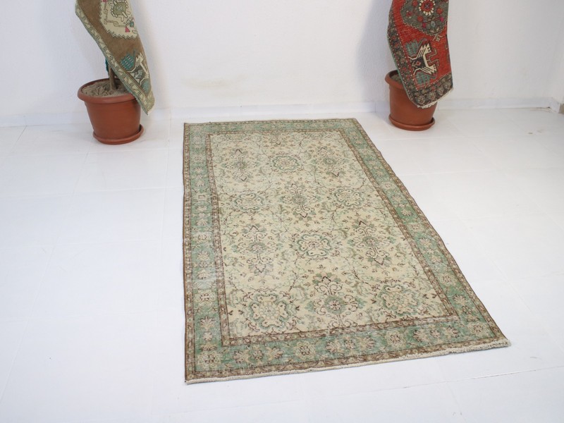 4x7 Turkish Handmade Area Rug Beige Green Floral 3.6x6.6 ft gallery