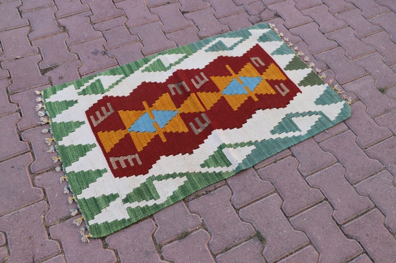 Cappadocia Handmade Green Kilim Carpet Anatolian Ethnic Foyer Small Rug 2x4ft gallery