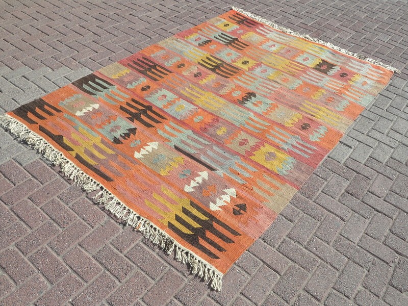 Large Wool Kilim Navajo Southwestern Bohemian Peach Rug 66"X97" Handmade Carpet gallery